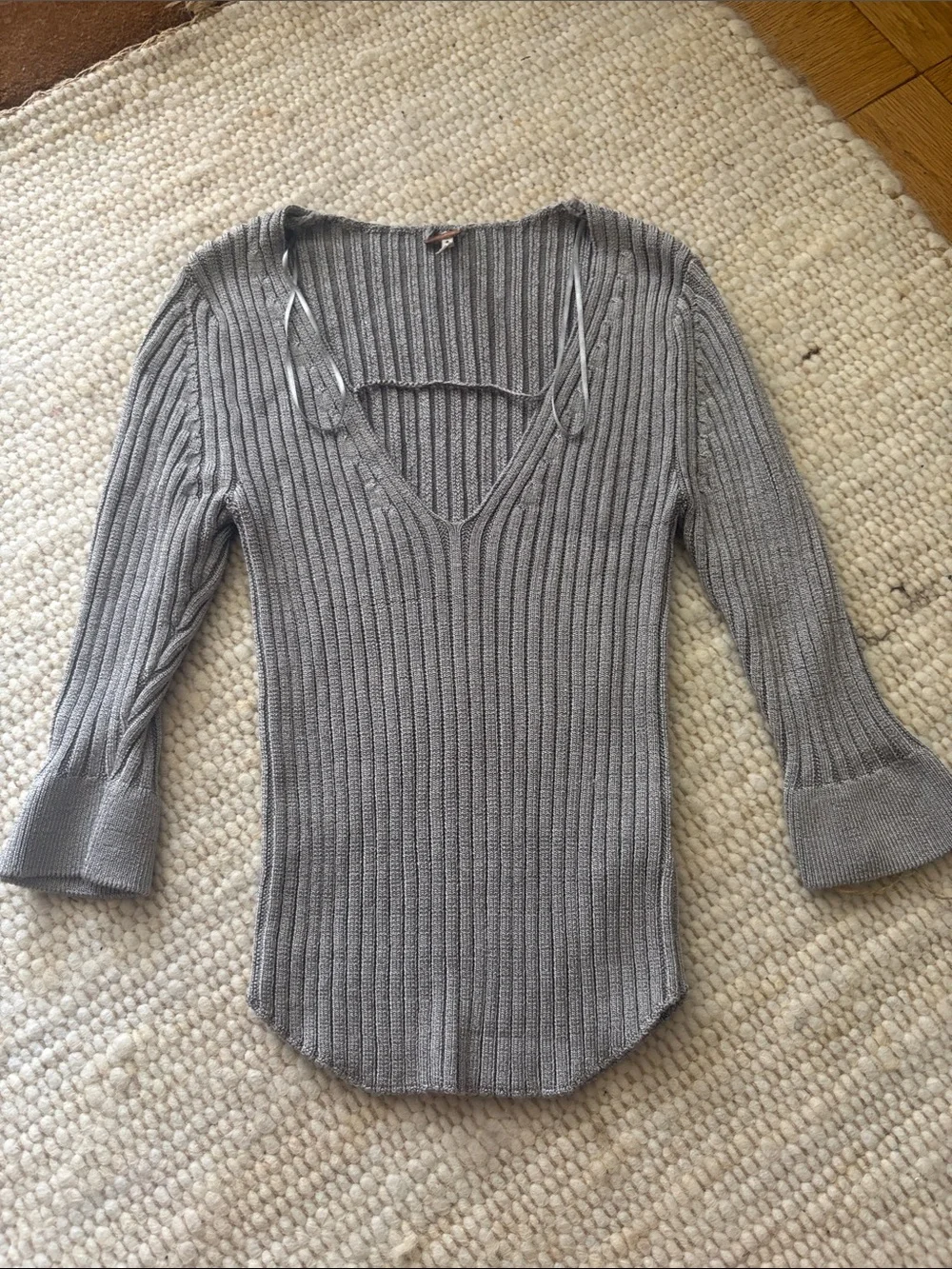Free People Ribbed Deep V-Neck Sweater - Gray Sz. S